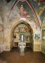 Innenraum des Baptisteriums mit Fresko, das Szenen aus dem Leben des Heiligen Johannes darstellt, von Tommaso Masolino da Panicale (1383-ca.1447)